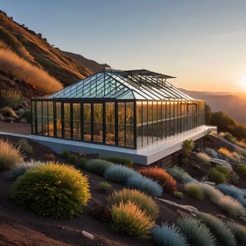 A modern glass greenhouse situated on a hillside, overlooking a stunning sunset over a mountainous landscape. High quality AI-generated photo.
