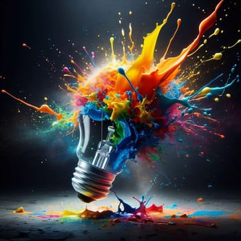 A light bulb exploding with vibrant paint splatters, representing creativity, innovation, and new ideas. High quality AI-generated photo.