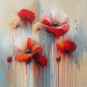 A painting of poppies with dripping paint effects, showcasing a blend of realism and abstract expressionism. High quality AI-generated photo.