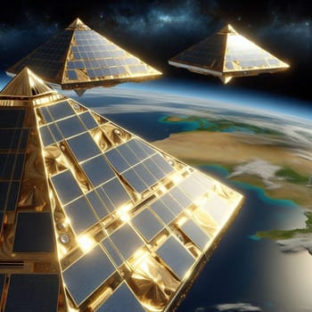 Three golden pyramid-shaped spacecraft orbiting Earth, showcasing futuristic technology and space exploration. High quality AI-generated photo.
