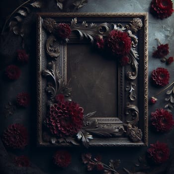 A dark and moody still life featuring a vintage ornate frame adorned with dark red flowers, creating a gothic aesthetic. High quality AI-generated photo.