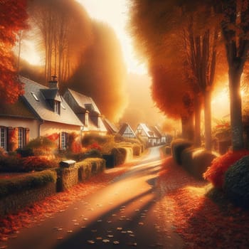A picturesque village street lined with houses in autumn, with trees ablaze in golden light, creating a warm and inviting scene. High quality AI-generated photo.