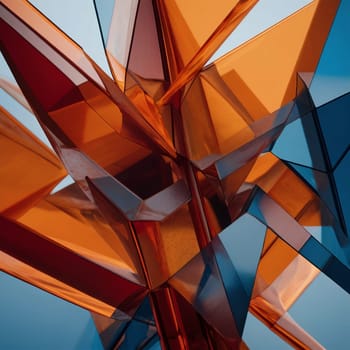 An abstract 3D rendering of intersecting geometric shapes in shades of orange and blue, creating a dynamic and visually striking image. High quality AI-generated photo.