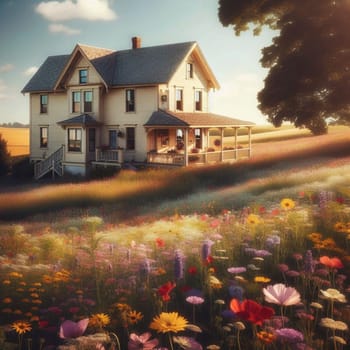 A charming farmhouse nestled in a colorful wildflower field, with golden sunlight and a tranquil countryside setting. High quality AI-generated photo.