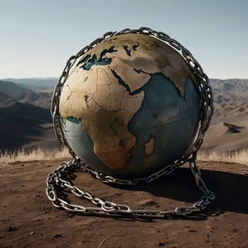 A vintage-style globe encircled by a heavy chain, set against a desert landscape, symbolizing environmental issues or global challenges. High quality AI-generated photo.