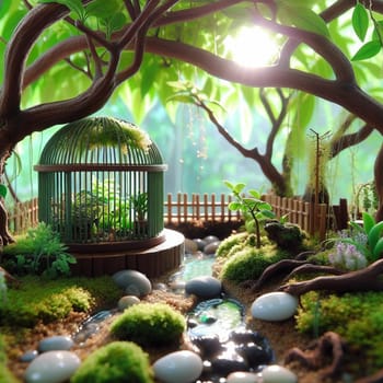 A similar miniature garden scene, but outdoors under the shade of a large tree with a birdcage containing plants in the foreground. High quality AI-generated photo.