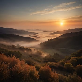 A panoramic view of rolling hills and valleys covered in morning mist, with a sunrise illuminating the scene. High quality AI-generated photo.