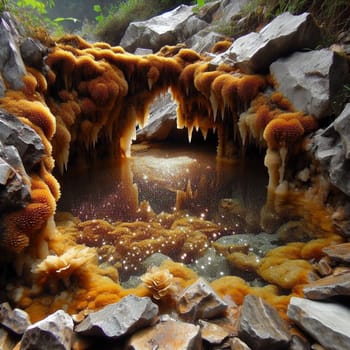 A unique rock formation creating a natural arch over a pool of water, with sparkling golden particles in the water. High quality AI-generated photo.