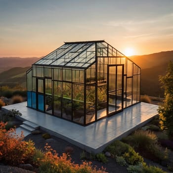 A modern greenhouse situated on a hillside overlooking a mountain range, bathed in the golden light of sunset. High quality AI-generated photo.