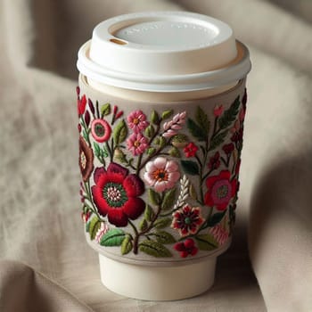 A coffee cup sleeve with intricate floral embroidery, showcasing detailed stitching and a variety of colors. High quality AI-generated photo.