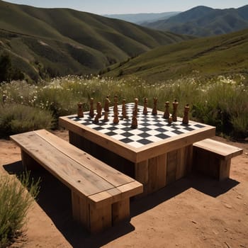 A large outdoor chessboard with wooden pieces, set against a backdrop of rolling green hills. High quality AI-generated photo.