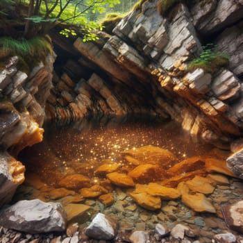 A magical-looking pool of water nestled within a rocky crevice, with golden sparkles illuminating the water. High quality AI-generated photo.