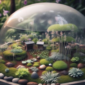 A miniature terrarium under a glass dome, depicting a lush miniature landscape with moss, small plants, and miniature houses, representing a self-contained ecosystem. High quality AI-generated photo.