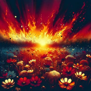 A stylized field of cosmos flowers with a fiery, cosmic background, resembling a dramatic sunset or explosion. High quality AI-generated photo.