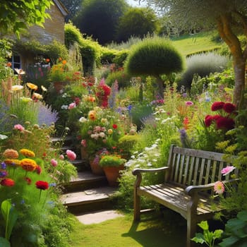 A vibrant cottage garden with a variety of flowers, plants, and a wooden bench, creating a peaceful and idyllic setting. High quality AI-generated photo.
