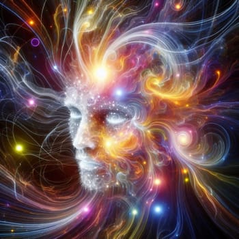 An abstract artistic representation of a human face composed of swirling lights, nebulae, and cosmic dust, symbolizing consciousness or the universe. High quality AI-generated photo.