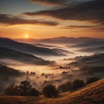 A breathtaking landscape photograph of sunlit rolling hills and valleys shrouded in morning mist, with a warm sunrise. High quality AI-generated photo.