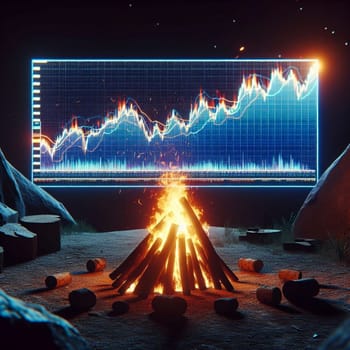 A surreal image of a campfire with a glowing digital stock market chart displayed above it, set against a dark, mountainous backdrop. High quality AI-generated photo.