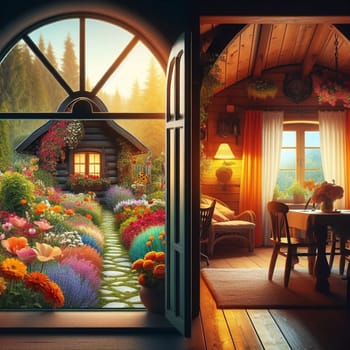 A digital rendering of a cozy cabin nestled in a vibrant flower garden, viewed through an open arched window from an adjacent room. High quality AI-generated photo.