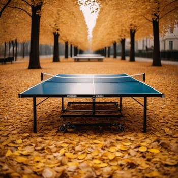 A ping pong table situated in an autumnal park setting, surrounded by fallen yellow leaves. High quality AI-generated photo.