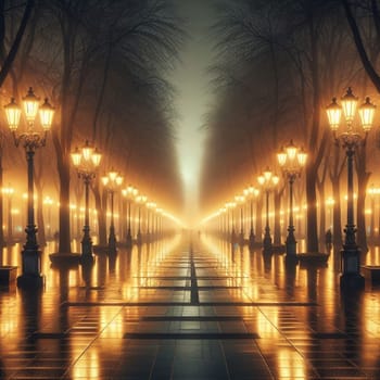A long, tree-lined pathway at night, illuminated by vintage-style lampposts, creating a romantic and atmospheric scene. High quality AI-generated photo.