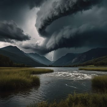 A dramatic landscape photograph of a lake in a valley, with a powerful thunderstorm and lightning strike. High quality AI-generated photo.