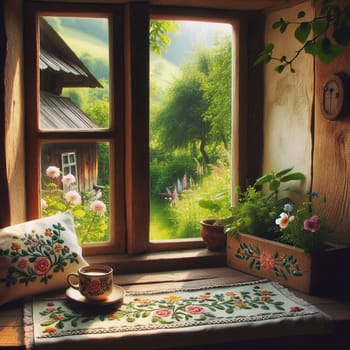 A cozy window seat with a cup of coffee, embroidered textiles, and potted plants, overlooking a picturesque garden. High quality AI-generated photo.