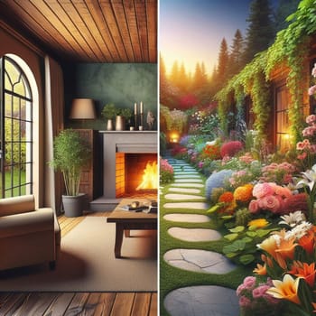 A split image showing a cozy living room with a fireplace on one side and a magical garden path on the other, representing a contrast between indoors and outdoors. High quality AI-generated photo.