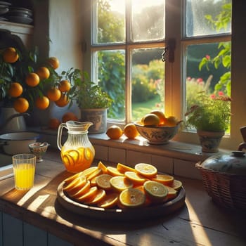 A rustic kitchen scene featuring sliced oranges, a pitcher of orange juice, and citrus plants in a sunlit window. High quality AI-generated photo.