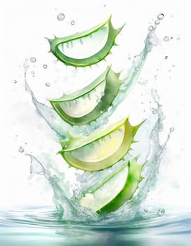 Fresh Aloe Vera Slices Splashing in Water