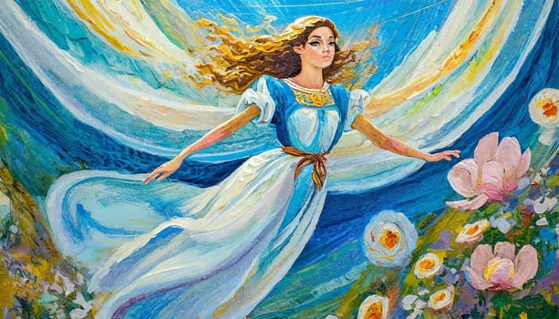 Whimsical Woman Flying Through A Floral Realm - Generative Art