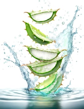 Fresh Aloe Vera Slices Splashing in Water