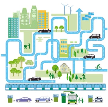 City overview with traffic and houses, information illustration -