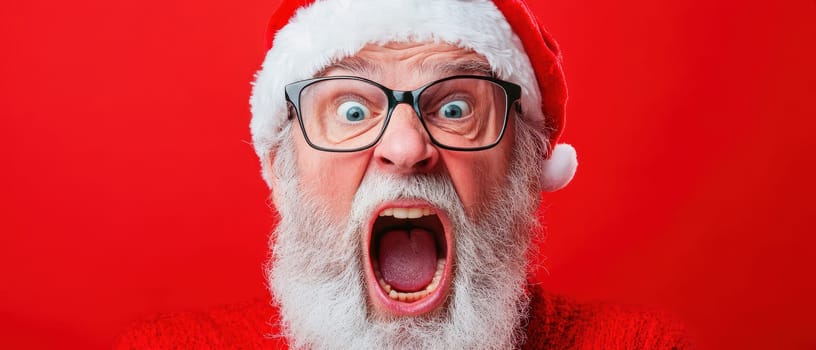A joyful man wearing a Santa hat and glasses expresses excitement shouting happily in a festive setting with a red background.