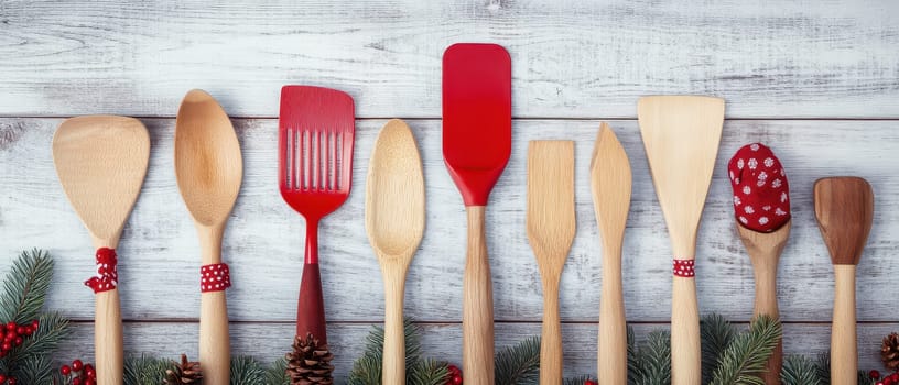 A variety of wooden kitchen utensils is arranged on a rustic table with festive decorations perfect for holiday baking activities.