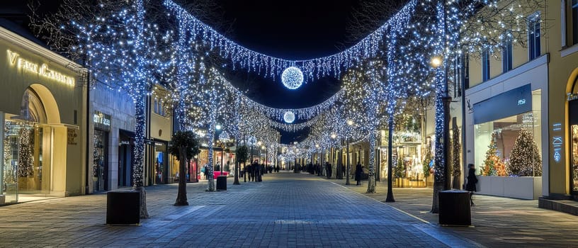 Twinkling lights decorate the trees on a bustling shopping street during the Christmas season creating a vibrant evening atmosphere for visitors.