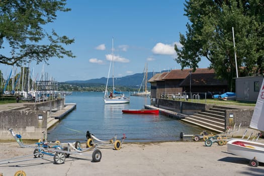 Scene at the marina of the Lindau Yacht Club on Lake Constance, Bodensee in Germany