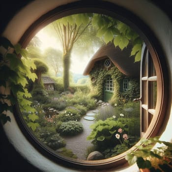 A view of a whimsical thatched cottage and lush garden through a circular window. High quality AI-generated photo.