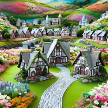 Miniature cottages in a charming village setting with lush gardens and winding stone paths, situated in a picturesque landscape with rolling hills and a lake. High quality AI-generated photo.