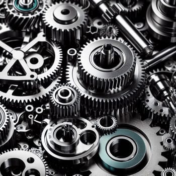 A detailed close-up of an intricate assembly of metallic gears and clockwork components. High quality AI-generated photo.