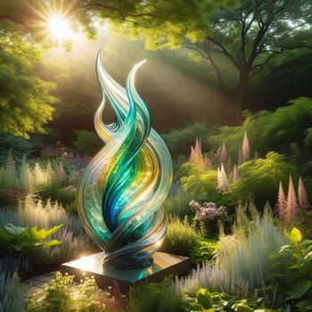 A glass sculpture resembling a fiery plant, displayed outdoors in a garden setting, illuminated by sunlight streaming through the trees. High quality AI-generated photo.