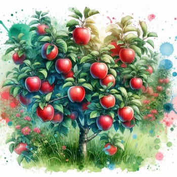 An illustration of an apple tree laden with ripe red apples, set against a watercolor-style background. High quality AI-generated photo.