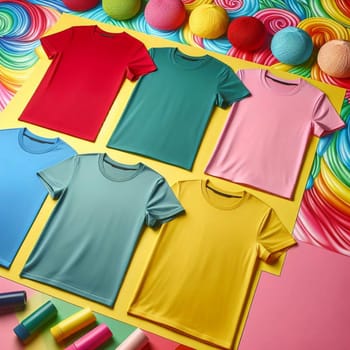 A flat lay image of five colorful t-shirts arranged on a yellow background, surrounded by colorful yarn balls and art supplies. High quality AI-generated photo.
