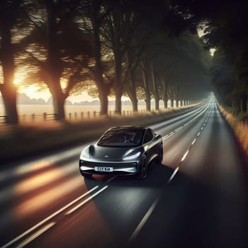 A futuristic car driving down a tree-lined road at sunset. Light trails streak behind the car. High quality AI-generated photo.