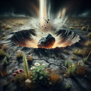 A dramatic scene depicting a meteor impact on a barren landscape, with debris and fire erupting from the crater. Flowers and plants grow near the crater. High quality AI-generated photo.