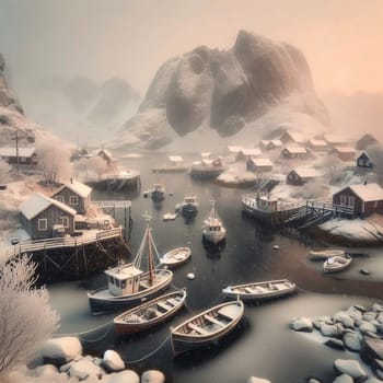 A picturesque snow-covered fishing village nestled in a fjord, with traditional wooden houses and fishing boats. High quality AI-generated photo.