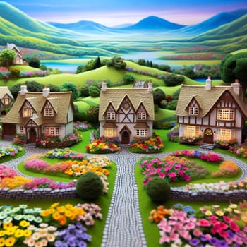 Miniature cottages in a charming village setting with lush gardens and winding stone paths, situated in a picturesque landscape with rolling hills and a lake. High quality AI-generated photo.