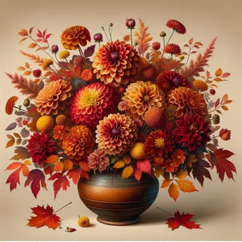 A still life painting or digital artwork depicting a vase of dahlias and other autumnal flowers in warm, rich tones. High quality AI-generated photo.