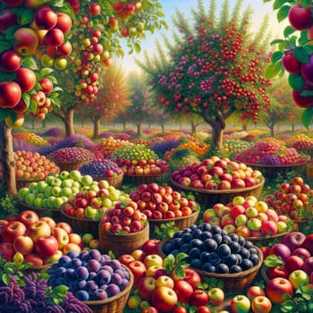 A painting or illustration of a bountiful harvest scene, featuring various fruits displayed in baskets and displayed under fruit trees. High quality AI-generated photo.