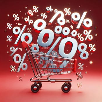 A shopping cart overflowing with large percentage signs, set against a red background. High quality AI-generated photo.